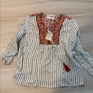 Savanna Jane White Striped Blouse with Red Embroidery